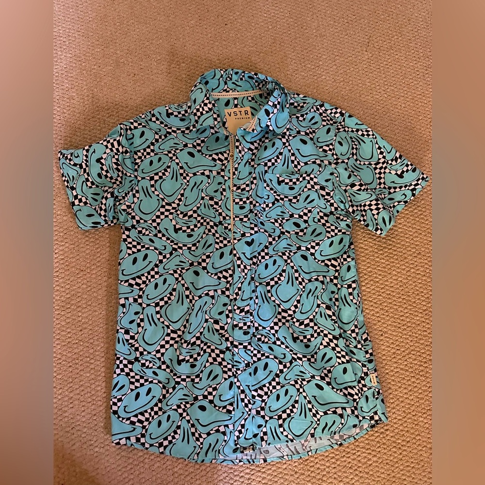 Blue smiley face trippy button up